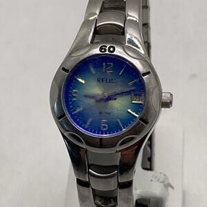 Relic Watch Silver Blue Face Works New Battery! Scratched Crystal